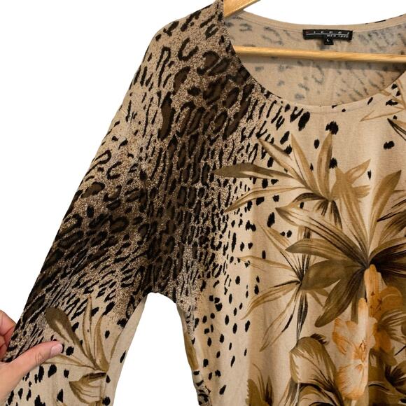 Pierri New York Brown Neutral Leopard and Floral Long Sleeve Top - Picture 3 of 5